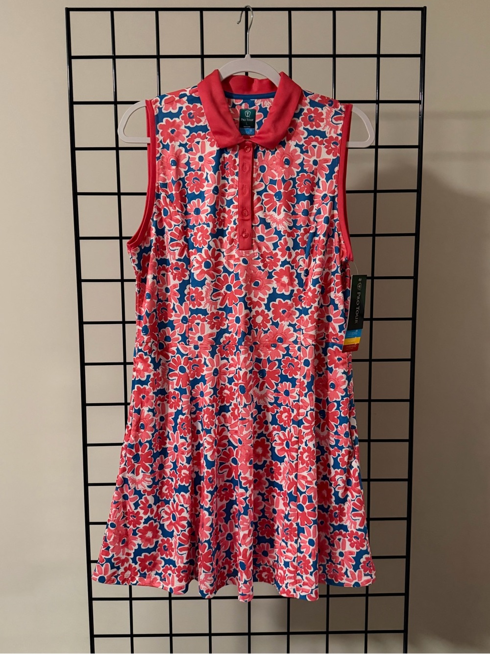 PGA Tour Coral Pink & Blue Floral Sleeveless Polo Dress